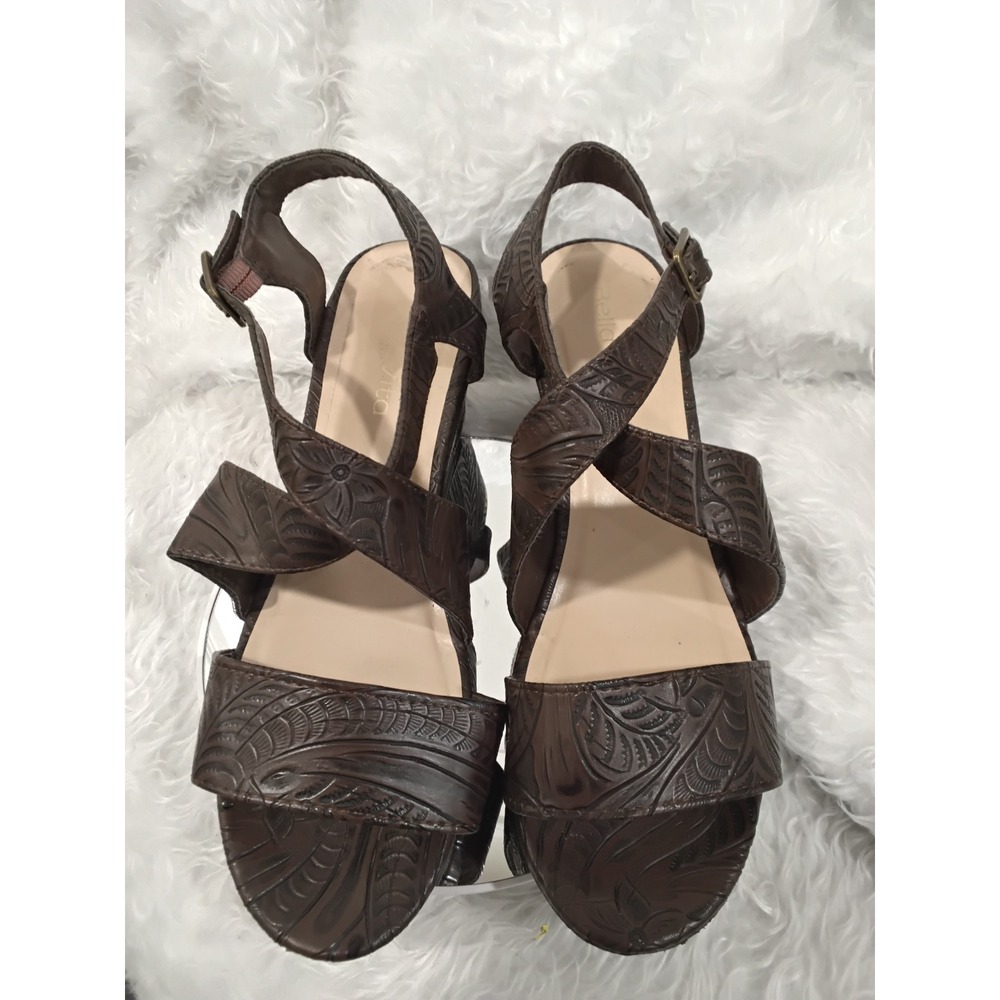Bella Vita Women Dark Brown Embossed Leather Wedge Sandals Size 10W